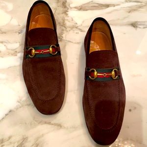 Gucci brown suede horse-bit loafer